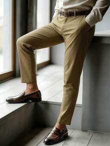 1件男士复古商务休闲西装裤，春夏时尚修身直筒西装裤 - 卡其色 - 查看 2