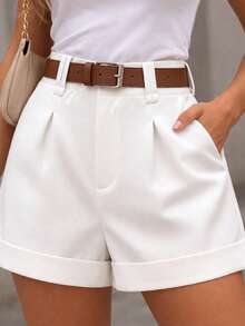 Women's Tailored High-Waisted Shorts With Belt For Everyday Use - White - View 1