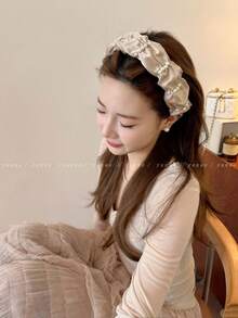 1pc Elegant Satin Headband, Pleated Faux Pearl Design, Wide Luxury Headpiece, Hair Accessory, 2026 New Arrival - Multicolor - View 4