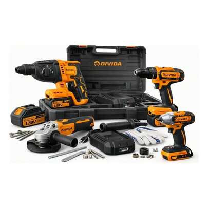 Kit Ferramentas a Bateria Completo 4 em 1 Furadeira Parafusadeira Martelete Esmerilhadeira Impacto 128V