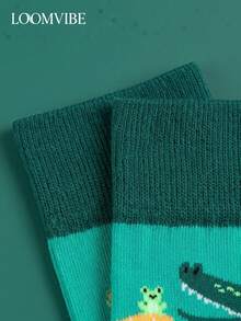 1 双男女通用中筒袜 - 孔雀绿卡通鳄鱼青蛙印花，撞色黄色袜口和绿色袜跟/袜尖，活泼的丛林动物图案设计，适合日常穿着，为您的造型增添休闲活泼的气息。 - 彩色 - 查看 6