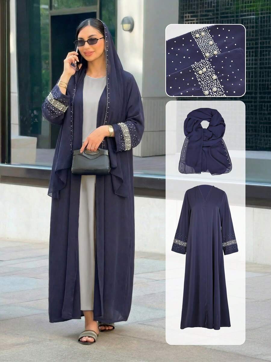 Glamorous Rhinestone & Beaded Robe With Rhinestone Chiffon Headscarf - Dark Blue - View 1