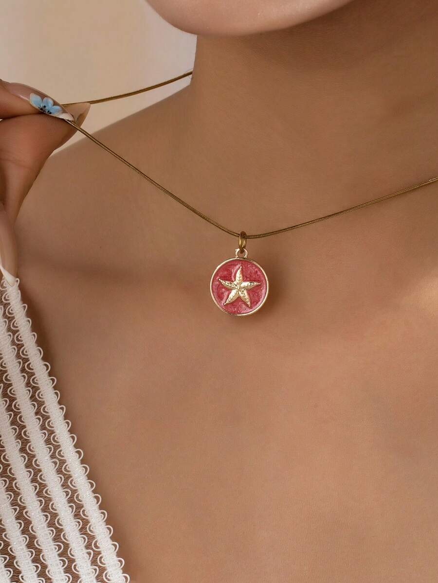 女士珐琅海星吊坠项链 - 18K镀金不锈钢链,搭配海星吊坠 - 适合夏季海洋沙滩日常及度假佩戴 - 粉紅海星吊墜項鍊 - 查看 1