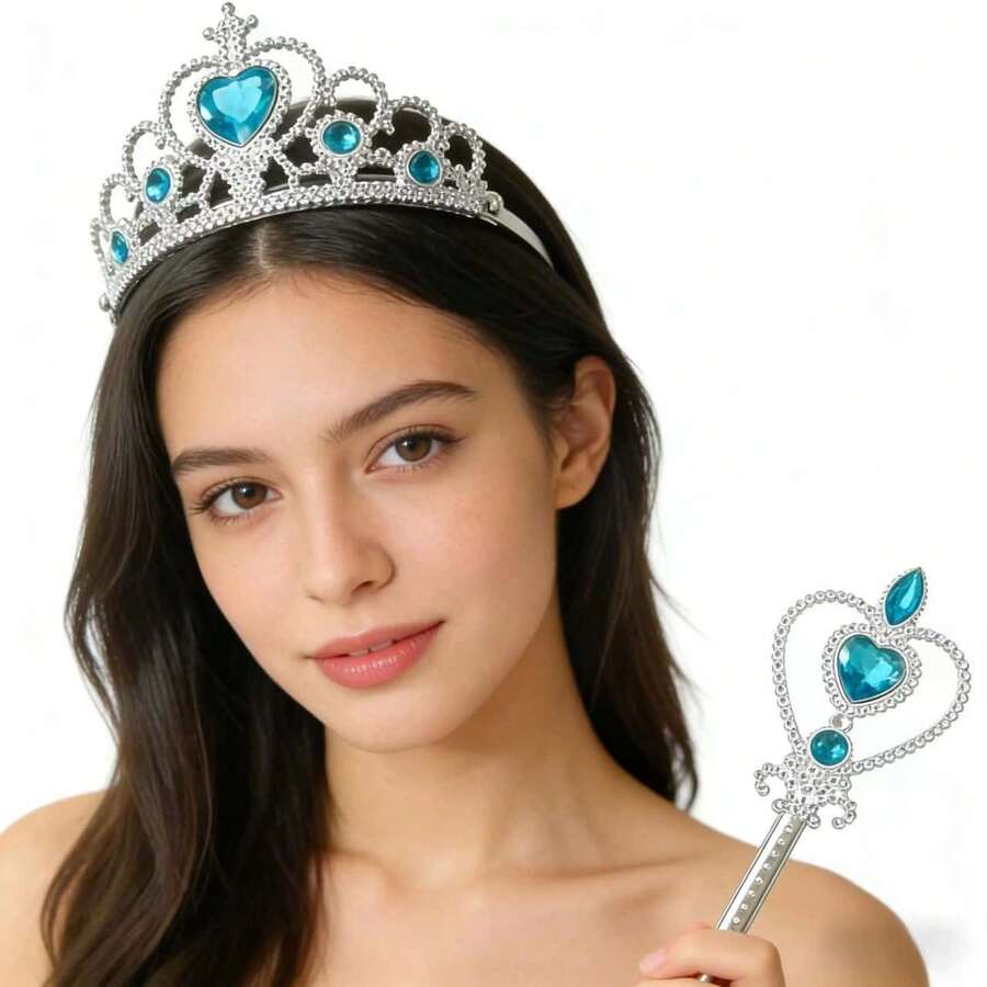Bộ vương miện và đũa phép hình trái tim, kiểu công chúa màu xanh dương, thích hợp cho mọi sự kiện và dịp lễ hội. - Màu xanh nhạt - Xem 1