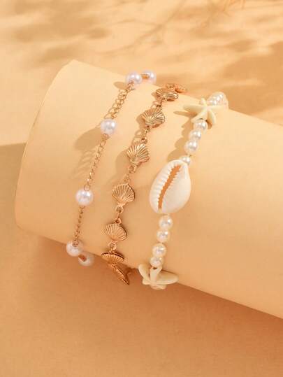 3件套波西米亚海滩海洋风贝壳装饰手链，度假风扇贝链手链搭配可爱海星，多层设计，适合青少年日常佩戴和海滩约会