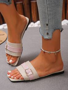 Women's Flat Square Toe Non-Slip Sandals, Casual Versatile Summer Open Toe Slippers, Fashion Belt Decor, Minimalist & Elegant, Suitable For Daily Wear, Festivals, Parties, And Home - Pink - View 5