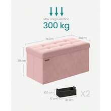 SONGMICS Puff Almacenaje Banco Almacenamiento Plegable 38 x 76 x 38 cm Carga de 300 kg Entrada Salón Dormitorio Rosa Caramelo MLSF247R01 - Rosado jalea - Ver 3