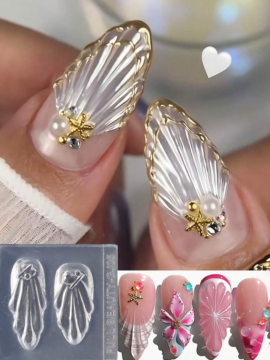 硅胶海洋波浪美甲印花板，合金宝石法式美甲雕刻模具，度假风美甲贴纸DIY美甲配件工具 - 無色 - 查看 1