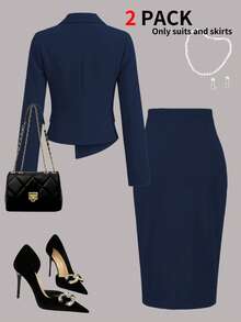 Women's Elegant Commuter Style Blazer Jacket Paired With Split Hem Skirt 2 Pieces Set, Spring/Summer - Navy 22 - View 4