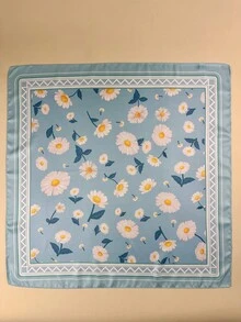 1 chiếc khăn vuông thanh lịch dành cho nữ, chất liệu giống lụa, in họa tiết hoa cúc, phụ kiện khăn quàng cổ bằng satin. - Màu xanh bạc hà - Xem 4