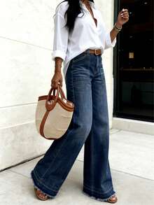 Quần jeans ống rộng dài dành cho nữ, với hiệu ứng giặt mài, chi tiết cúc và túi, gấu quần tua rua, tạo nên vẻ ngoài denim thường ngày cho mùa xuân. - Rửa tối - Xem 3