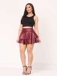 Luxury Double-Layer Ruffled Short Skirt In Cirre Fabric, High Waist, For Parties/Clubs - 酒紅色 - 查看 3