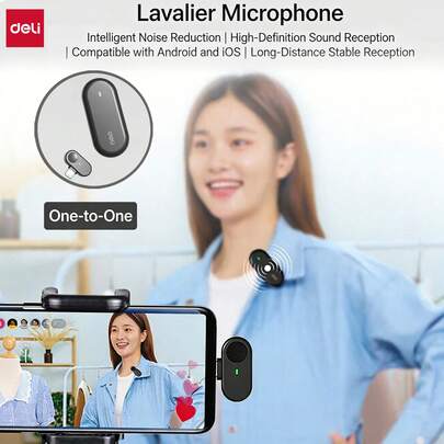 DELI MN501 Lavalier Microphone, Wireless Mini One-To-One, For Mobile Live Streaming, Short Video Shooting, Outdoor Filming, Recording, Intelligent Noise Reduction, Compatible With Apple And Android.