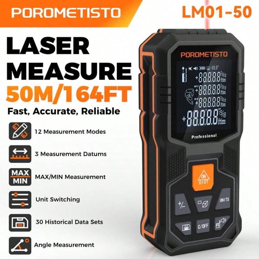 POROMETISTO Máy đo khoảng cách laser 2 trong 1 50m/80m với bộ nhớ lưu trữ 30 dữ liệu, dụng cụ đo góc laser kỹ thuật số. - Màu Cam cháy - Xem 1