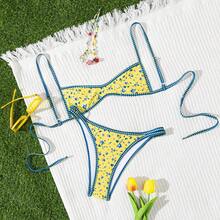 wohenmeili Bộ bikini hai mảnh hở lưng dáng rộng dành cho nữ, họa tiết hoa, thiết kế phối màu tương phản, kiểu dây chéo hở lưng, chất liệu co giãn cao, trang phục đi biển thời trang, lựa chọn mùa hè sành điệu, bikini hai mảnh phổ biến kiểu Âu và Mỹ dành cho kỳ nghỉ. - Nền màu vàng với các chấm màu xanh và vàng ở viền. - Xem 4