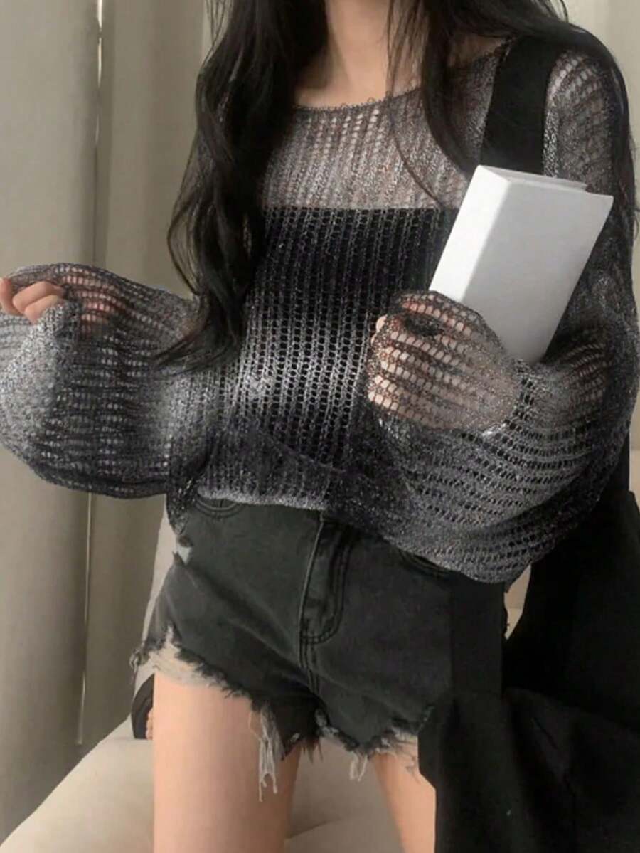 女士休闲百搭渐变色宽松喇叭袖开襟针织衫，适合春秋季穿着 - 黑與白 - 查看 1