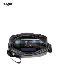 saroxi Men's Large Capacity Black Shoulder Bag, Rivet Inlaid Messenger Bag, Suitable For Commuting, Minimalist Style, Casual Solid Color PU Leather, Gift For Boyfriend - Black - View 11