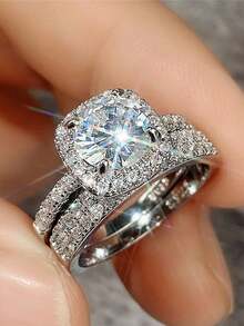 2件套时尚戒指，全钻锆石首饰，欧美微镶高碳钻石组合戒指 - 銀色 - 查看 2