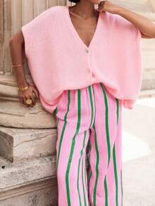 Striped Polyester Pocket Drawstring Pants, Suitable For Casual, Holiday, Evening Date, Birthday Party, Back To School Party, Travel, Country Music Festival, Sports & Fitness, Spring/Summer Vacation - Pink and Green - View 4