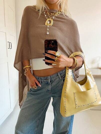 Mejors New Spring/Summer Women's Asymmetric Cape Solid Color Y2K Style Shawl Batwing Sleeve Knit Cropped Top, Lightweight Cape-Style Sweater Sheer Blouse For Beach Vacation, Party, Khaki