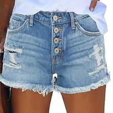 Women's Casual Summer Denim Shorts Mid Waisted Stretchy Ripped Jean Shorts With Pockets Zipper & Buttons Closure Above The Knee - Blue - View 6