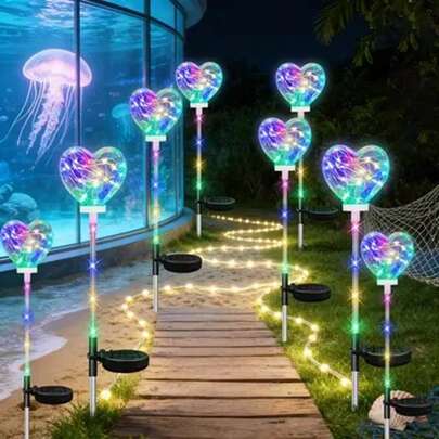 1pc Solar Heart Shaped LED Ground Plug Garden Light, 20 LED Lawn Decorative Lamp, Courtyard Decorative Light, Garden Decorative Light, Two Lighting Modes, Suitable For Outdoor/Courtyard/Lawn/Festival Parties, Valentine's Day, Wedding Decor Atmosphere Creation