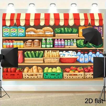 2D Flat - A 2D Flat Banner With A Theme Of Fresh Fruits And Vegetables, Perfect For Photography. This Brightly Colored Food Display Background Is An Ideal Choice For Events And Photography Events, And Does Not Require Electricity.