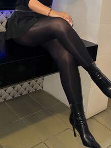 女士黑色亮面紧身裤 - 高光泽弹力漆皮打底裤，适合夜间外出、派对和日常穿着，尽显魅力 - 黑色 - 查看 2