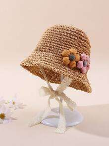 1顶女婴（1-2岁）春夏防晒手工编织草帽，带系带 - 花朵-卡其色 - 查看 3