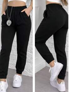 Women's Thick Jogger Sweatpants With High Waist - Black - View 3