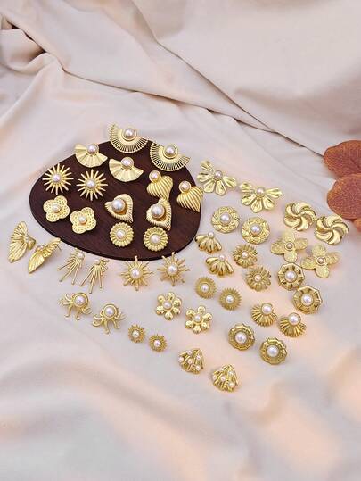 Cute Pearl Earrings Set For Women, Gold Stud Earrings Set, Multi-Element, Marine Life, Asymmetrical Geometric Pattern, Heart-Shaped Studs, Big Flower Earrings, Shiny Stainless Steel Jewelry, Personalized Earrings, Suitable For Daily Wear, Weddings, Parties, Gifts. Summer Beach Vacation Bikini Accessories, Beautiful Clothes, Fashions, Dresses, White T-Shirts, Sexy Jeans, Tight Clothes - Retro INS Style Earrings For Versatile Casual Daily Wear, Also Suitable As Surprise Gifts For Valentine's Day, Birthday, Mother's Day, Thanksgiving Or Vacation, Elegant Earrings