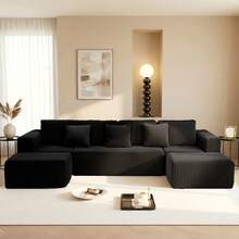 132" Cloud Couch, U Shaped Sectional Couch, Striped Corduroy Modular 6-Seater Sofa For Living Room Bedroom, Reversible Chaise, Free Configuration, No Assembly, Black - màu đen - Xem 9