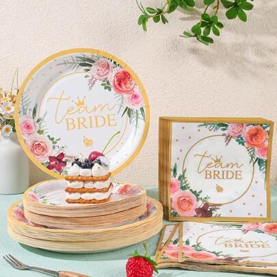 新娘派对一次性餐具套装，7/9英寸一次性纸盘，餐巾纸，适用于性别揭晓派对、庆祝活动、生日、婚礼、单身派对、家庭聚会、野餐等场合。