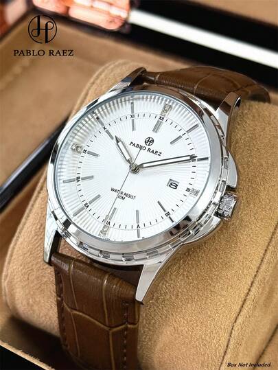 Pablo Raez 1件装时尚男士腕表，不锈钢大表盘商务男士腕表，银色防褪色，奢华扫秒机芯，夜光指针，棕色柔软舒适皮革表带，罗马数字和条形显示，镶钻设计，日期显示，50米防水，全新AAA级男士石英腕表，运动休闲腕表，送给男友或家人的精美礼物，父亲节礼物，适合日常生活/工作/派对装饰，正装表，毕业典礼，婚礼，生日礼物