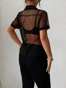 Fashionable Solid Color Sheer Women's Dress, Suitable For Dates, Office, Birthday Parties, Daily Wear, Summer Black Spring - Black - View 3