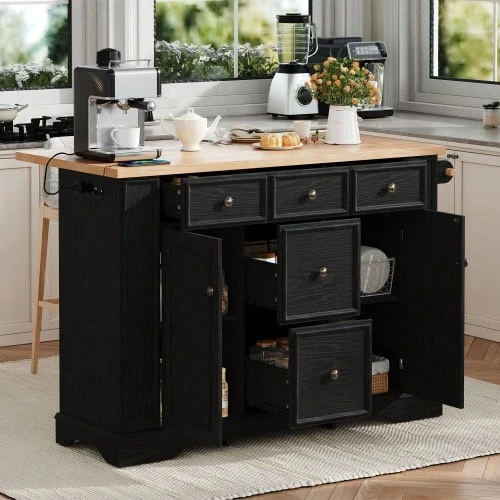 Extendable Dining Area Kitchen Island With Adjustable Shelves And Multifunctional Drawers, Freestanding Kitchen Island With Power Strips, Ideal For Kitchen And Dining Room (White) - Black - View 1