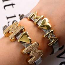 1条简约优雅双色“妈妈”字母手链，女士礼物，宽版可调节 - 金色 - 查看 2