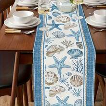 1pc Blue & White Vintage Starfish Shell Table Runner, Coastal Vacation Style Geometric Striped Shell Design, Faux Linen Woven Texture Stiff Fabric Rectangular Tablecloth For Dining Table And Cabinet, Indoor & Outdoor Decor, Suitable For All Seasons, Daily, Wedding, Holiday Home Decor, Restaurant, Living Room, Dining Table And Cabinet Decoration - Blue and White - View 3