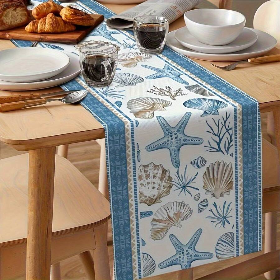 1pc Blue & White Vintage Starfish Shell Table Runner, Coastal Vacation Style Geometric Striped Shell Design, Faux Linen Woven Texture Stiff Fabric Rectangular Tablecloth For Dining Table And Cabinet, Indoor & Outdoor Decor, Suitable For All Seasons, Daily, Wedding, Holiday Home Decor, Restaurant, Living Room, Dining Table And Cabinet Decoration - Blue and White - View 1