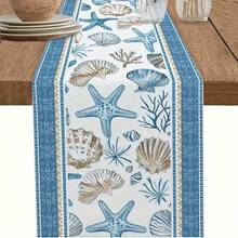1pc Blue & White Vintage Starfish Shell Table Runner, Coastal Vacation Style Geometric Striped Shell Design, Faux Linen Woven Texture Stiff Fabric Rectangular Tablecloth For Dining Table And Cabinet, Indoor & Outdoor Decor, Suitable For All Seasons, Daily, Wedding, Holiday Home Decor, Restaurant, Living Room, Dining Table And Cabinet Decoration - Blue and White - View 7