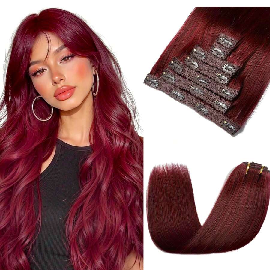 99J Burgundy Hair Clip In Hair Extensions Straight Human Hair 8Pcs 110g Clip In Extensions 100% Brazilian Remy Clip In Hair Extensions Real Human Hair Extensions Clip For Women 22inch - S99J - 查看 1