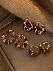 3pairs Vintage Textured U-Shaped Hoop Earrings For Women, Simple And Elegant Design - 豐富多彩的 - 查看 7