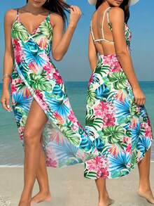 女士热带花卉印花V领无袖沙滩罩衫连衣裙，度假风 - 彩色 - 查看 1