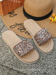 1 Pair Rhinestone Faux Rope Sole Low Heel Women Flat Sandals, Coffee Brown Pattern Random Design, Holiday Essential, Women Summer Sandals - Coffee Brown - View 7