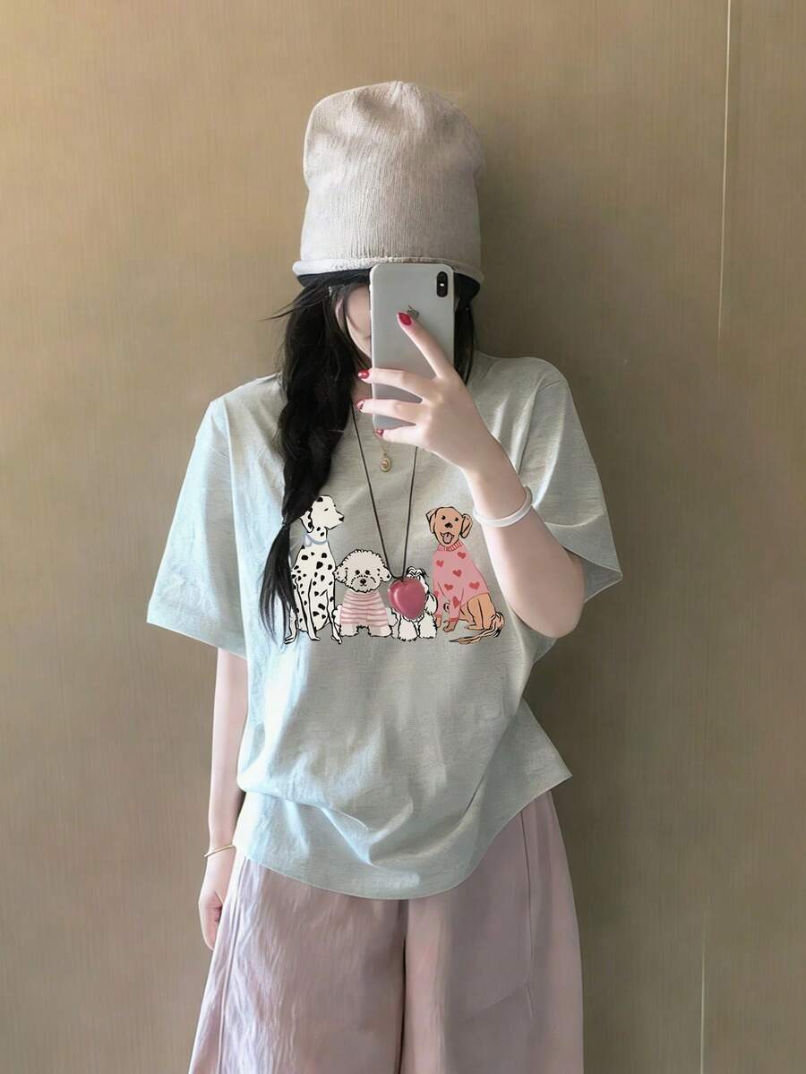 新款夏季 Z 世代 Y2K 风格女式趣味狗狗印花圆领短袖 T 恤 - 淺花灰 - 查看 1