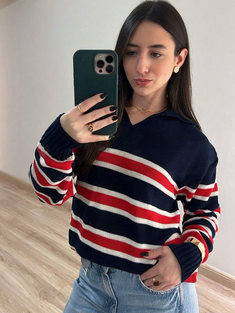 Women's Striped Polo Shirt, Knit, Winter, Knitted Fabric, Nightwear, Daily, Travel, Vacation, Autumn/Winter - 海軍藍/紅色 - 查看 1