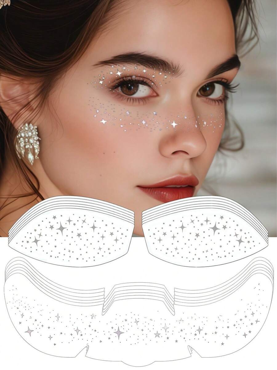 12 piezas de tatuajes temporales de purpurina plateada para pecas, pegatinas de tatuaje de sombra de ojos con purpurina, tatuajes de pecas brillantes de estrellas, adecuados para Pascua, festivales de música, citas, fiestas de verano, carnavales - Plateado - Ver 1