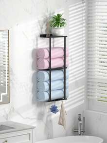 1pc No Drill Towel Rack - Self-Adhesive Towel Rack With Shelf, Bathroom Towel Rack, Can Be Stuck On Bathroom Wall - Black - View 12