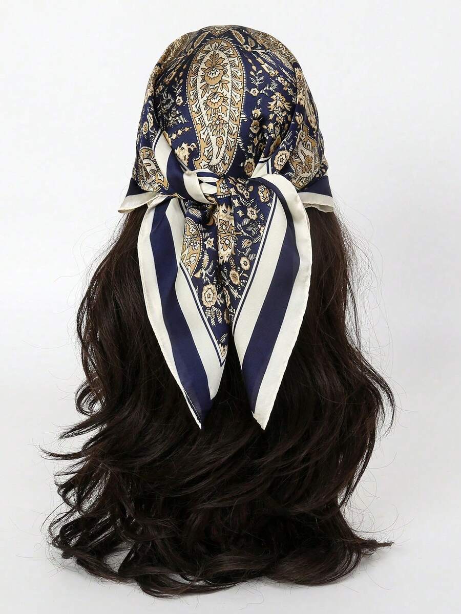 26.77 Inch Silk-Like Printed Square Scarf 68cm, Women's Fashion Breathable Multifunctional Headband Neckerchief Accessory, 1pc - Multicolor - View 1