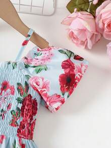 Girls' Floral Ruffle Jumpsuit For Summer Vacation - Baby Blue - View 5
